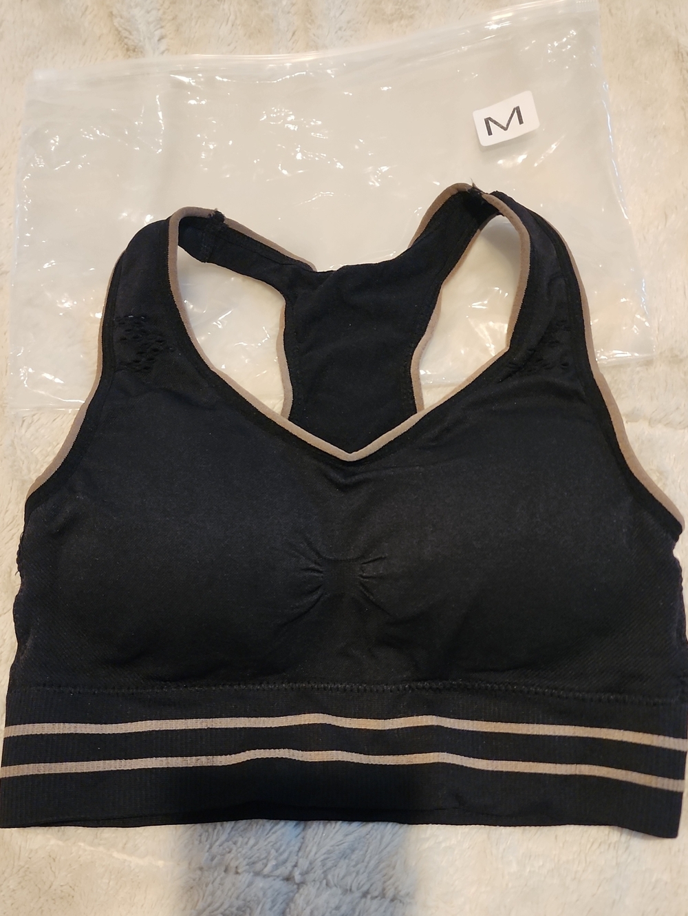 Seamless Padded Racerback Sports Bra - Black with Taupe Trim Size M
